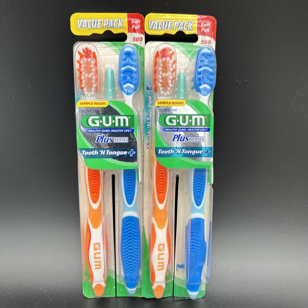 4 New Sunstar GUM Tooth 'N Tongue Toothbrushes Full Heads & Soft Bristles #500